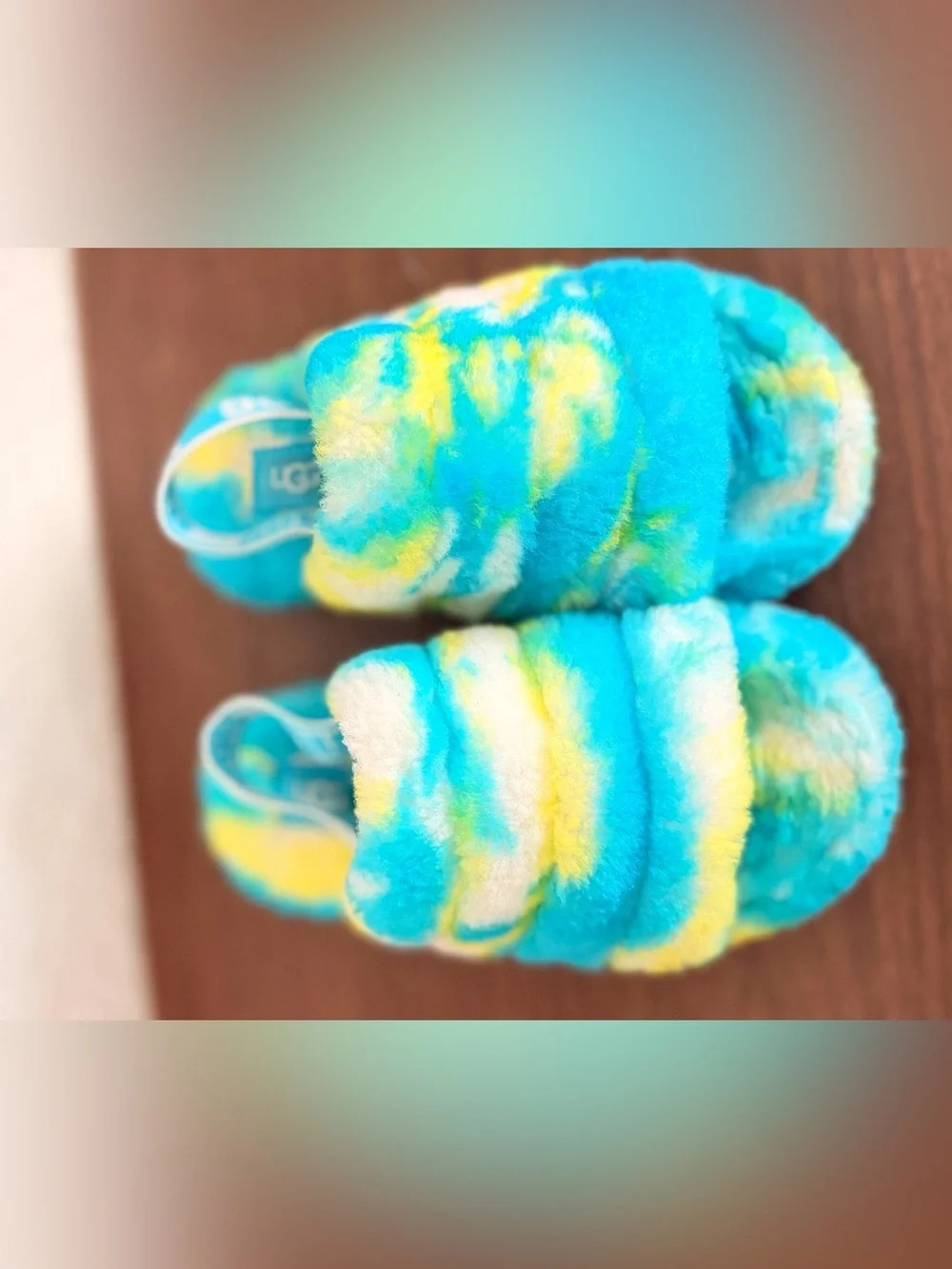 UGG Kids' Blue, Yellow & White Tie-Dye Fluff Slide size US 13 gentle used only